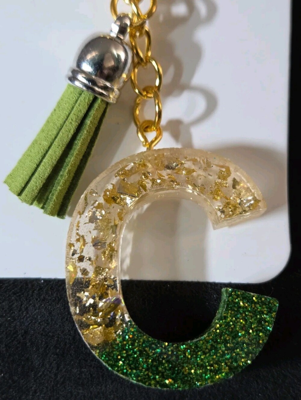 Green & Gold Resin 'C' Keyring with Green Tassel